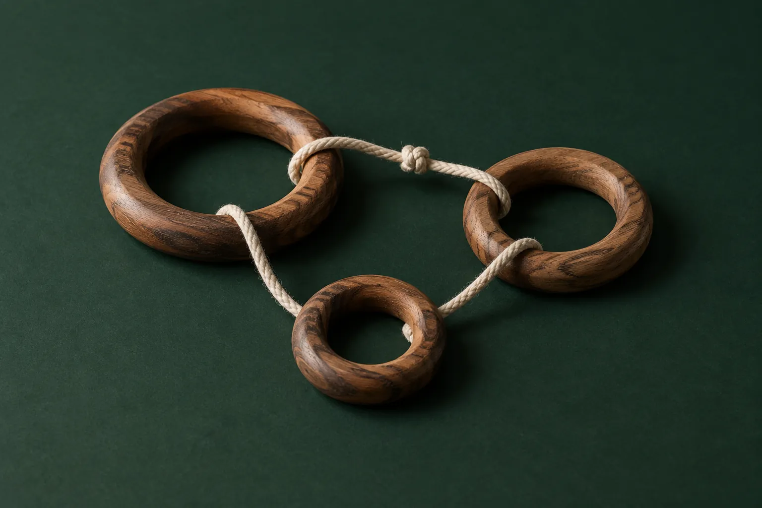 Three wooden rings tied together with a single cord