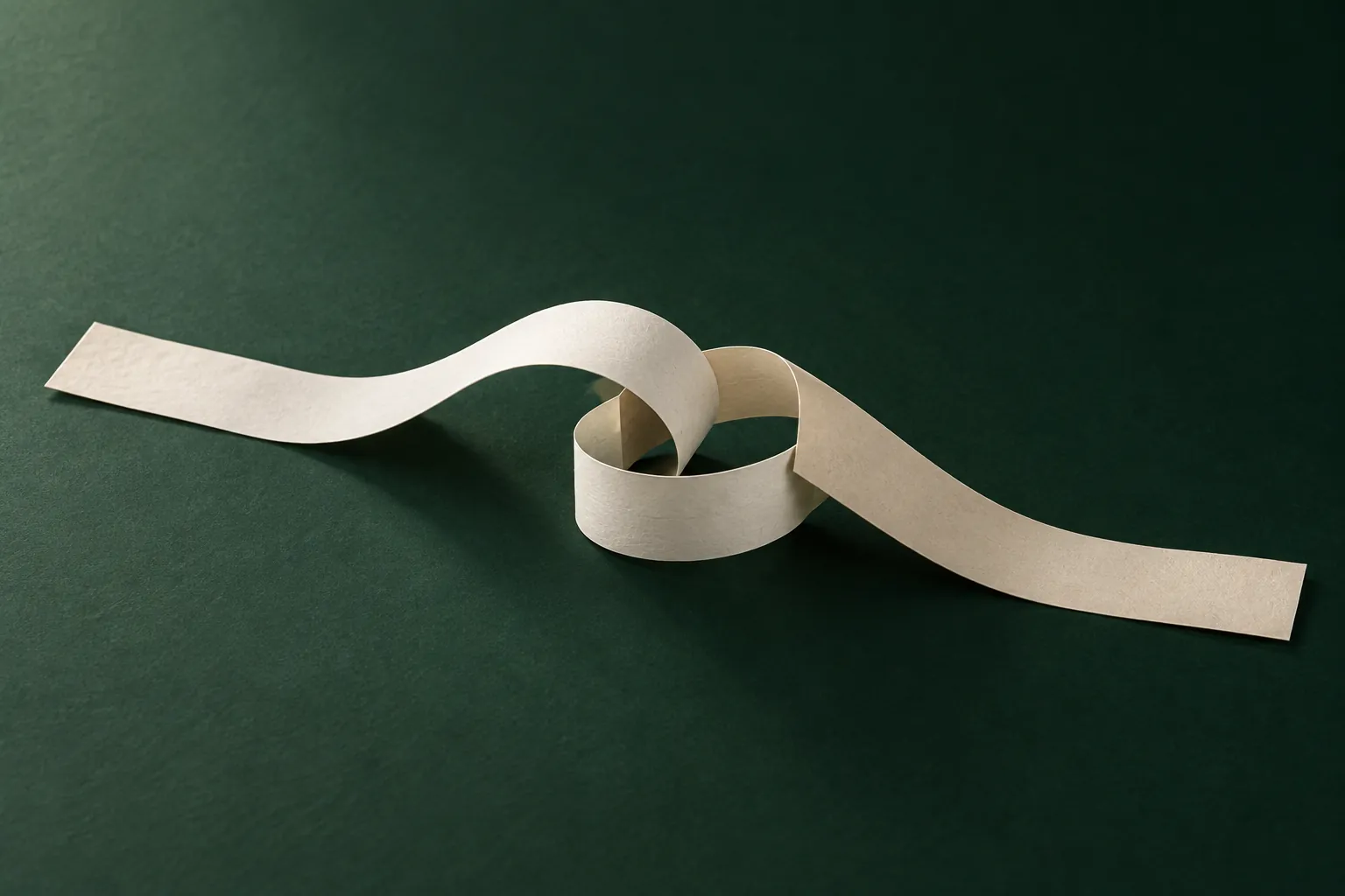 A paper strip running in two directions, joined in the middle by a single knot