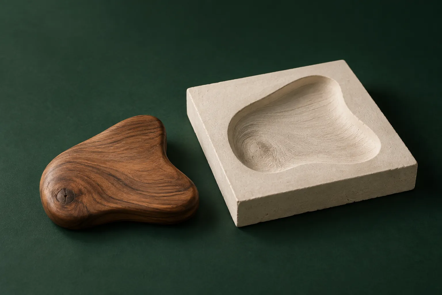 A wooden form and the imprint it has left in stone