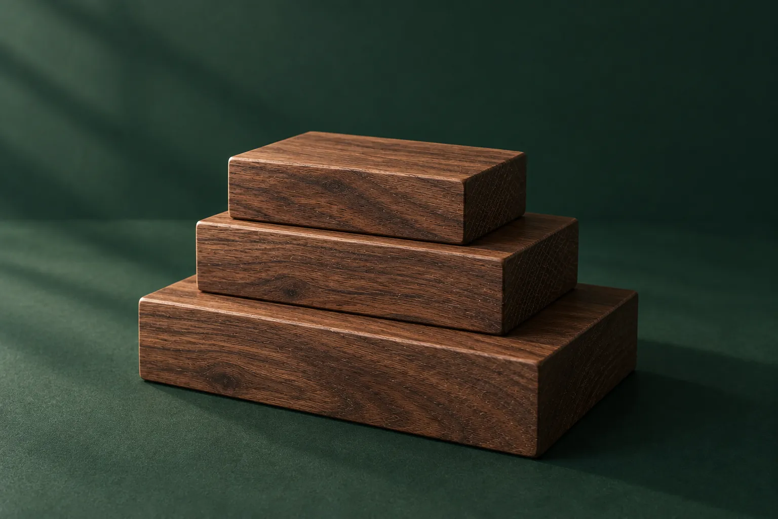 Three walnut blocks stacked on top of one another