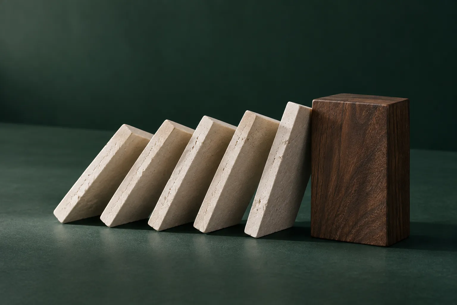 A row of stone slabs falling over and coming to rest against a wooden block