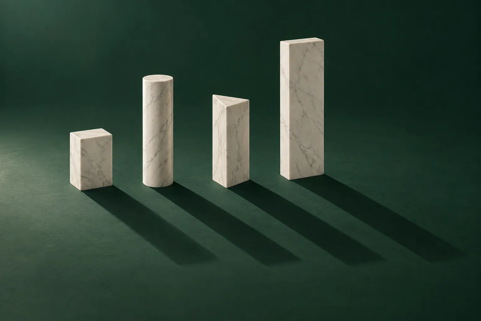Four marble blocks of different heights casting shadows of equal length