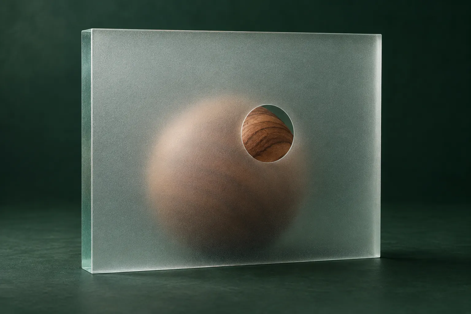 A wooden sphere behind a frosted glass pane, clearly visible only through a single hole