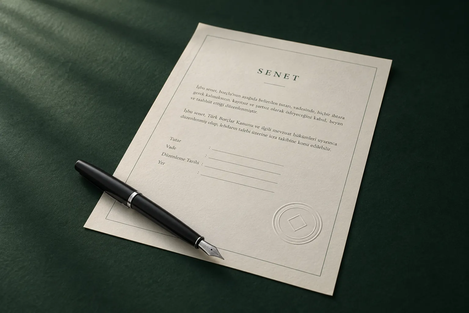 A blank promissory note with a fountain pen resting on it